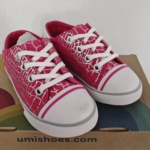Umi Shoes Terri Lace Up Sneaker Canvas White‎ Pink Silver New Girls 8 Flaw